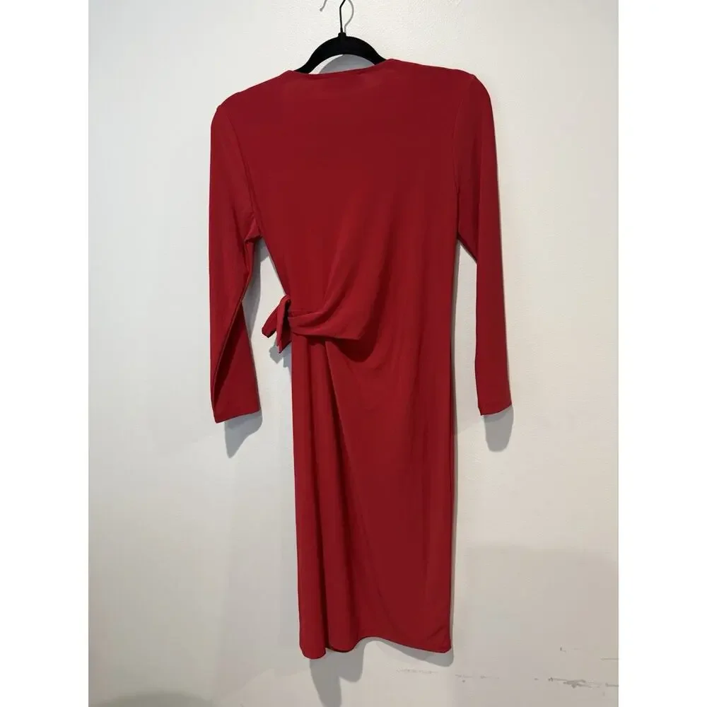 NWT Kasper Fire Red Midi Sheath Dress 3/4 Sleeve Side Tie Stretchy XS Romantic